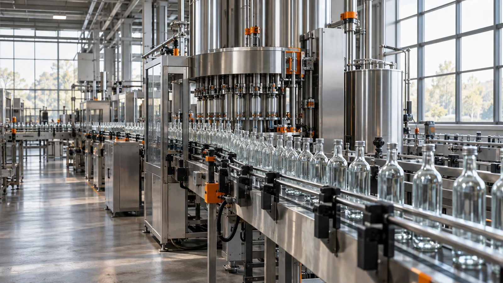 Vista ilustrativa de una línea industrial de embotellado de acero inoxidable